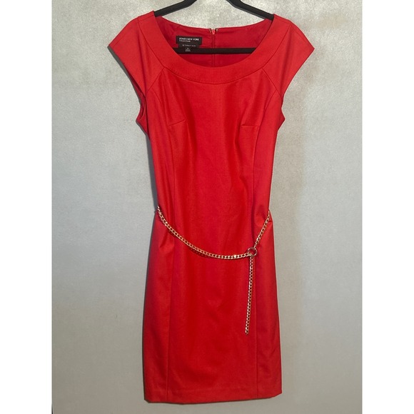 Jones New York Collection Dresses & Skirts - Jones New York Collection Tomato Red Stretch Sheath Dress with Gold Chain Belt 8